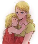  2girls bare_arms blonde_hair blue_eyes carrying closed_eyes dress eyebrows_visible_through_hair fullmetal_alchemist gradient gradient_background green_shirt happy hug light_smile long_hair looking_down mother_and_daughter multiple_girls pink_dress riru sara_rockbell shirt short_hair simple_background sleeveless sleeveless_dress smile upper_body white_background winry_rockbell younger 