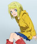  1girl :d blonde_hair blue_eyes blue_skirt boots eyebrows_visible_through_hair eyelashes fullmetal_alchemist grey_background happy looking_at_viewer open_mouth pink_footwear raincoat riru short_hair simple_background sitting skirt smile solo wet wet_clothes winry_rockbell younger 