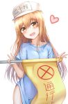  1girl :d absurdres bangs blonde_hair blue_dress blush clothes_writing collarbone commentary contrapposto cowboy_shot dated dress eyebrows_visible_through_hair flag flat_cap hair_between_eyes hat hataraku_saibou head_tilt heart highres holding holding_flag long_hair looking_at_viewer open_mouth platelet_(hataraku_saibou) round_teeth short_sleeves simple_background smile solo standing sunhyun teeth upper_teeth white_background white_hat yellow_eyes 