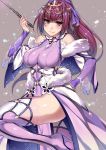  1girl bangs boots breasts cleavage dress eyebrows_visible_through_hair fate/grand_order fate_(series) fur_trim gensui_(auoua) hair_between_eyes highres jewelry lace_trim large_breasts leg_up long_hair looking_at_viewer purple_dress purple_hair red_eyes scathach_(fate)_(all) scathach_skadi_(fate/grand_order) simple_background smile solo sparkle thigh-highs thigh_boots tiara wand 