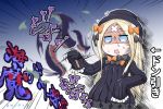  1girl abigail_williams_(fate/grand_order) bangs black_bow black_dress black_hat blonde_hair blue_eyes bow bug butterfly censored commentary_request crossed_bandaids dress emphasis_lines eyebrows_visible_through_hair fate/grand_order fate_(series) hair_bow hat highres holding insect long_hair long_sleeves mosaic_censoring neon-tetora open_mouth orange_bow parted_bangs polka_dot polka_dot_bow shaded_face sleeves_past_fingers sleeves_past_wrists solo square_mouth sweat translation_request very_long_hair 