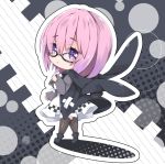  1girl :&lt; animal_ears animal_hood bangs black-framed_eyewear black_footwear black_jacket blush boots brown_legwear bunny_hood chibi closed_mouth commentary_request dress eyebrows_visible_through_hair fate/grand_order fate_(series) glasses hair_between_eyes hand_up hood hood_down hooded_jacket jacket long_sleeves looking_at_viewer looking_to_the_side mash_kyrielight milkpanda pink_hair pleated_dress rabbit_ears solo standing thigh-highs violet_eyes white_dress 