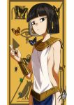  1girl anjisbai arm_behind_back beetle black_eyes black_hair bracelet breasts bug butterfly earrings egyptian egyptian_clothes expressionless hieroglyphics highres insect jewelry looking_at_viewer original rhinoceros_beetle scarab sideboob small_breasts 