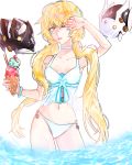 blonde_hair drone elsword eve_(elsword) facial_mark food hand_on_own_face highres ice_cream long_hair moby_(elsword) one_eye_closed remy_(elsword) sparkle sulleah swimsuit water 