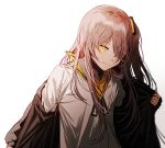  1girl bangs character_request closed_mouth commentary_request fingerless_gloves girls_frontline gloves grey_hair jacket jacket_removed long_hair looking_at_viewer open_clothes open_jacket shirt side_ponytail silence_girl smile taking_off ump45_(girls_frontline) white_shirt yellow_eyes yellow_neckwear 