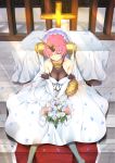  1girl bare_shoulders bouquet breasts bridal_veil closed_eyes cross dress elbow_gloves fate/apocrypha fate_(series) flower frankenstein&#039;s_monster_(fate) gloves hair_over_one_eye headgear highres holding holding_bouquet horn inu3 medium_breasts pink_hair short_hair sitting solo veil wedding_dress white_dress white_flower white_gloves 