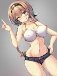  alternate_costume bikini braid breasts grey_background grey_eyes hachimaki hand_on_hip headband highres index_finger_raised kantai_collection large_breasts licking_lips light_brown_hair short_shorts shorts swimsuit teruzuki_(kantai_collection) tongue tongue_out torisan twin_braids 