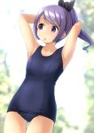  1girl :o armpits arms_up ass_visible_through_thighs bangs bare_arms bare_shoulders black_ribbon blue_swimsuit blurry blurry_background blush breasts collarbone commentary_request day depth_of_field dutch_angle eyebrows_visible_through_hair hair_ribbon high_ponytail highres long_hair looking_away looking_to_the_side old_school_swimsuit one-piece_swimsuit original outdoors parted_lips ponytail purple_hair ribbon school_swimsuit shibacha sidelocks small_breasts solo swimsuit violet_eyes 