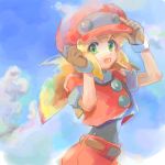  1girl :d belt blonde_hair blush brown_gloves buttons cabbie_hat capcom clouds dinef female gloves green_eyes hat long_hair open_mouth rockman rockman_dash roll roll_caskett short_sleeves shorts sky smile solo upper_body 
