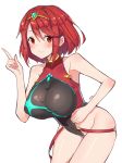  1girl absurdres artist_name bare_arms bare_shoulders blush breasts closed_mouth covered_collarbone covered_nipples cowboy_shot eyebrows_visible_through_hair goyain groin highres pyra_(xenoblade) index_finger_raised large_breasts looking_at_viewer nintendo one-piece_swimsuit orange_eyes redhead short_hair simple_background smile solo swimsuit thighs tiara white_background xenoblade_(series) xenoblade_2 
