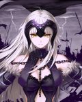  1girl armor bare_shoulders between_breasts blonde_hair breasts chains closed_mouth clouds cloudy_sky commentary_request eyebrows_visible_through_hair fate/grand_order fate_(series) flag fur-trimmed_sleeves fur_trim gauntlets headpiece highres jeanne_d&#039;arc_(alter)_(fate) jeanne_d&#039;arc_(fate)_(all) lightning long_hair looking_at_viewer medium_breasts night revision serious silhouette sky solo_focus sony_kisaragi standard_bearer upper_body yellow_eyes 