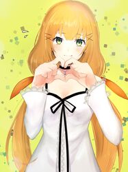  1girl bangs black_choker black_ribbon blush choker closed_mouth dress eyebrows_visible_through_hair hair_ornament hairclip heart heart_hands highres kingdom_hearts kingdom_hearts_unchained_x long_hair long_sleeves looking_at_viewer low_twintails mizu_ramen orange_hair orange_ribbon ribbon smile solo strelitzia_(kingdom_hearts) twintails white_dress x_hair_ornament 