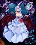  1girl 2017 blue_dress blue_hair blush breasts character_request cleavage closed_mouth collar collarbone dress eyebrows_visible_through_hair happy_birthday heart large_breasts looking_at_viewer monster_girl_encyclopedia navel pointy_ears red_eyes short_hair smile solo wings yu_(yoki) 