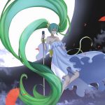  1girl bangs bare_shoulders blush bow closed_mouth clouds collarbone commentary_request detached_sleeves dress eyebrows_visible_through_hair full_moon green_eyes green_hair hair_between_eyes hatsune_miku highres holding holding_microphone long_hair long_sleeves looking_away microphone microphone_stand moon night night_sky outdoors sidelocks sky solo strapless strapless_dress twintails user_awm7451 very_long_hair vocaloid white_dress wide_sleeves yellow_bow 