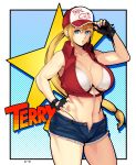  1girl blonde_hair blue_eyes breasts character_name cleavage fatal_fury fingerless_gloves genderswap gloves hero_(do-belman) highres large_breasts midriff navel ponytail shorts snk snk_heroines:_tag_team_frenzy solo terry_bogard the_king_of_fighters unzipped white_bikini_top 