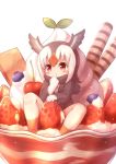  1girl atlantic_puffin_(kemono_friends) bird_wings black_hair blush cinnamon_stick commentary_request eyebrows_visible_through_hair finger_in_mouth food fruit giant_food gloves head_wings ice_cream in_food jacket kemono_friends matsuu_(akiomoi) multicolored_hair pleated_skirt redhead scarf short_hair sitting skirt socks solo strawberry sundae wafer_stick white_hair wings 