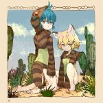  2girls animal_ears ballpoint_pen_(medium) bare_legs barefoot between_legs blonde_hair blue_hair cactus cat_ears cat_tail cerulean_(kemono_friends) commentary_request cosplay elbow_gloves gloves green_eyes hand_between_legs highres hood hood_down hoodie kemono_friends kneeling long_sleeves multicolored_hair multiple_girls no_shoes sand_cat_(kemono_friends) short_hair sitting sleeves_past_wrists snake_tail tail toosk traditional_media tsuchinoko_(kemono_friends) tsuchinoko_(kemono_friends)_(cosplay) yellow_eyes 