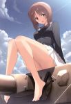  1girl absurdres bare_legs barefoot breasts brown_eyes brown_hair buttons clouds collared_shirt condensation_trail day eyebrows_visible_through_hair girls_und_panzer ground_vehicle highres knees knees_up legs looking_at_viewer medium_breasts military military_uniform military_vehicle motor_vehicle nishizumi_miho ooarai_military_uniform open_mouth panzerkampfwagen_iv pleated_skirt shirt sitting skirt sky smile solo tanaka_takayuki tank tank_turret thighs toes uniform 