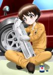  1girl bangs black_footwear brown_eyes brown_hair can car closed_mouth commentary daxz240r full_body girls_und_panzer gloves ground_vehicle highres indian_style jumpsuit long_sleeves mechanic motor_vehicle nakajima_(girls_und_panzer) nissan orange_jumpsuit polishing rag shirt shoes short_hair sitting smile solo sparkle uniform white_gloves white_shirt 