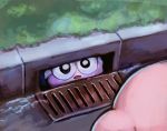 2boys commentary_request eye_contact from_behind grass hoshi_no_kirby it_(stephen_king) kirby kirby_(series) looking_at_another marx multiple_boys nintendo no_humans open_mouth parody peeking_out sewer_grate shiburingaru smile 