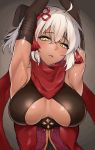  1girl absurdres ahoge armpits arms_up black_bow bow breasts dark_skin eyebrows_visible_through_hair fate/grand_order fate_(series) hair_bow hair_ornament highres large_breasts looking_at_viewer okita_souji_(alter)_(fate) okita_souji_(fate)_(all) red_scarf scarf short_hair skysign_ft solo upper_body white_hair yellow_eyes 