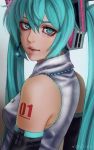  1girl artist_name blue_eyes blue_hair blush breasts detached_sleeves eyebrows_visible_through_hair hatsune_miku headset highres long_hair looking_at_viewer medium_breasts novcel solo twintails upper_body vocaloid 