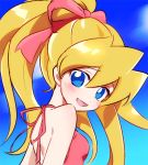  1girl blonde_hair blue_eyes blue_sky blush breasts capcom ciel_(rockman) clouds female gloves hair_between_eyes hair_ornament hair_ribbon head_tilt high_ponytail kon_(kin219) long_hair looking_at_viewer looking_to_the_side open_mouth pink_ribbon ponytail portrait ribbon rockman rockman_zero sky small_breasts smile solo 