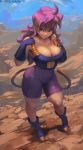  1girl bike_shorts blue_footwear breasts cleavage commission covered_navel curvy cutesexyrobutts gloves green_eyes highres hips large_breasts long_hair looking_down original parted_lips purple_gloves purple_hair saiyan signature solo sweat tail thighs 