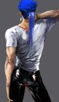  1boy adjusting_hair back black_pants blue_hair casual commentary commentary_request contrapposto denim earrings fate/stay_night fate_(series) from_behind grey_background jeans jewelry lancer makashiki_(aarni_0) male_focus muscle pants pocket ponytail shiny shirt short_sleeves simple_background solo spiky_hair t-shirt white_shirt 