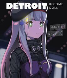  absurdres bangs beret blunt_bangs detroit:_become_human eyebrows_visible_through_hair facial_tattoo girls_frontline green_eyes hair_ornament hat highres hk416_(girls_frontline) jacket long_hair ohihil sidelocks silver_hair tattoo title_parody 