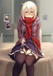  1girl 2018 ahoge arm_support artoria_pendragon_(all) bangs bed black-framed_eyewear black_background black_legwear black_serafuku black_skirt blonde_hair blurry blurry_background blush breasts closed_mouth coat depth_of_field drawstring duffel_coat embarrassed eyebrows_visible_through_hair fate/grand_order fate_(series) fringe garter_straps hair_between_eyes highres hood hood_down indoors kosumi long_sleeves looking_at_viewer medium_breasts medium_skirt mysterious_heroine_x_(alter) nose_blush open_clothes open_coat photo_(object) plaid plaid_scarf pleated_skirt pocket purple_coat red_scarf scarf school_uniform semi-rimless_eyewear serafuku short_hair sidelocks signature sitting skirt skirt_lift solo thigh-highs under-rim_eyewear yellow_eyes 