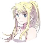  1girl bangs bare_shoulders blonde_hair blue_eyes close-up earrings eyebrows_visible_through_hair floating_hair fullmetal_alchemist jewelry long_hair looking_away lowres ponytail riru shirt simple_background sleeveless sleeveless_shirt smile solo upper_body white_background white_shirt winry_rockbell 