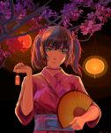  1girl arsenixc bangs blunt_bangs cherry_blossoms closed_mouth collar dark_blue_hair dated fan hair_ornament harisen head_tilt highres holding holding_fan japanese_clothes kimono lantern looking_at_viewer multicolored multicolored_eyes original pink_kimono short_hair short_twintails solo tagme twintails upper_body watermark wide_sleeves yukata 