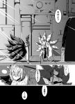  3girls absurdres animal_ears fox_ears fox_tail highres kitsune monochrome multiple_girls multiple_tails parka_(summersketch) tagme tail translated 