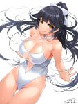  1girl animal_ears arm_support azur_lane bare_shoulders black_hair blush bow breasts casual_one-piece_swimsuit center_opening cleavage collarbone commentary_request cowboy_shot criss-cross_halter curvy dated dog_ears eyebrows_visible_through_hair groin hair_between_eyes hair_bow hair_ears hair_flaps halterneck happa_(cloverppd) highleg highleg_swimsuit large_breasts light_smile lips looking_at_viewer navel_cutout one-piece_swimsuit pink_lips ponytail ribbon shiny shiny_skin signature simple_background sitting solo swimsuit takao_(azur_lane) thigh_gap thighs white_background white_bow white_ribbon white_swimsuit yellow_eyes 
