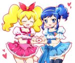  2girls :d ^_^ ^o^ aikatsu! aikatsu!_(series) blonde_hair blue_eyes blue_hair blush bow choker closed_eyes closed_eyes commentary_request cosplay cowboy_shot crop_top cure_berry cure_berry_(cosplay) cure_peach cure_peach_(cosplay) dress fresh_precure! hair_bow hair_ornament hairband heart heart_hair_ornament heart_hands heart_hands_duo hoshimiya_ichigo kagami_chihiro kiriya_aoi long_hair looking_at_viewer magical_girl midriff multiple_girls navel open_mouth parody partial_commentary precure puffy_short_sleeves puffy_sleeves shiny shiny_clothes shiny_hair shiny_skin short_sleeves side_ponytail simple_background skirt smile thigh-highs twintails white_background wrist_cuffs younger 