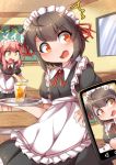  /\/\/\ 1boy 1girl apron cellphone chalkboard crossdressinging cup fun_bo holding holding_tray maid maid_apron maid_dress maid_headdress open_mouth original otoko_no_ko phone smartphone sweatdrop tray 