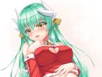  1girl alternate_costume bell bell_collar blush bow breasts cleavage_cutout collar dragon_horns eyebrows_visible_through_hair fate/grand_order fate_(series) green_hair hair_between_eyes hair_ornament highres horns kiyohime_(fate/grand_order) large_breasts long_hair looking_at_viewer simple_background smile solo tooru_(pixiv12953962) very_long_hair white_background yellow_eyes 