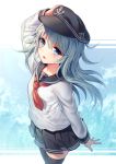  1girl :o anchor_symbol arm_at_side arm_up bangs black_hat black_legwear black_sailor_collar black_skirt blue_eyes blue_hair blush commentary_request cowboy_shot eyebrows_visible_through_hair flat_cap hair_between_eyes hand_on_headwear hat hibiki_(kantai_collection) kantai_collection long_hair milcho miniskirt neckerchief open_mouth outside_border pleated_skirt red_neckwear sailor_collar school_uniform serafuku shirt signature skirt solo thigh-highs water white_shirt zettai_ryouiki 