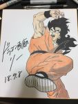  1boy 2018 black_eyes black_hair commentary_request dated dougi dragon_ball fighting_stance fingernails frown graphite_(medium) highres lee_(dragon_garou) long_hair looking_away male_focus marker_(medium) open_mouth photo shikishi traditional_media wristband yamcha 