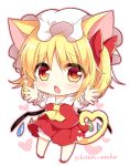 1girl animal_ears artist_name blonde_hair bloomers blush bow cat_ears cat_girl cat_tail chestnut_mouth chibi commentary_request fang flandre_scarlet full_body hair_bow hat heart heart_tail mob_cap one_side_up outstretched_arms parted_lips pleated_skirt puffy_short_sleeves puffy_sleeves red_bow red_eyes red_footwear red_skirt red_vest shikitani_asuka shirt short_sleeves skirt solo standing tail tail_raised touhou underwear vest white_background white_bloomers white_hat white_shirt wrist_cuffs 