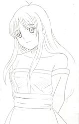  1girl arc_the_lad arc_the_lad_ii bare_shoulders breasts closed_mouth commentary_request dress hosshi_(nariagari) lieza long_hair looking_at_viewer monochrome off_shoulder solo 