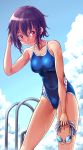  1girl arena_(company) black_hair blue_sky blue_swimsuit breasts clouds competition_school_swimsuit goggles goggles_removed leaning_forward logo medium_breasts mendou_saya one-piece_tan original pool_ladder red_eyes short_hair sky solo standing swim_cap swim_cap_removed swimsuit tan tanline 