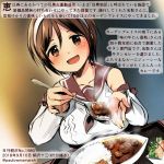  1girl :d bare_shoulders blush brown_eyes brown_hair brown_neckwear brown_sailor_collar colored_pencil_(medium) commentary_request curry curry_rice dated detached_sleeves food hairband holding holding_spoon kantai_collection kirisawa_juuzou natori_(kantai_collection) neckerchief numbered open_mouth rice sailor_collar school_uniform serafuku short_hair smile solo spoon traditional_media translation_request twitter_username white_hairband 