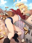  1girl bag black_footwear blonde_hair blue_eyes blue_sky bread breasts cinnamon_toast cityscape clouds day denim denim_shorts eating fate/apocrypha fate_(series) food hair_ornament hair_scrunchie hajimetakadai highres midair midriff mordred_(fate) mordred_(fate)_(all) navel outdoors red_scrunchie road_sign rooftop scrunchie shoes short_shorts shorts sign sky small_breasts solo spilling window 