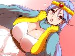  1girl :o antenna_hair blue_cape blue_hair blush breasts cape circlet cleavage dragon_quest dragon_quest_iii dress dutch_angle elbow_gloves eyebrows_visible_through_hair gloves gradient gradient_background hair_between_eyes isuna large_breasts long_hair looking_at_viewer open_mouth red_eyes round_teeth sage_(dq3) solo straight_hair teeth white_dress yellow_gloves 