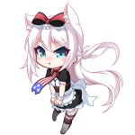  1girl :t american_flag american_flag_print animal_ears apron azur_lane bangs black_dress black_legwear blue_eyes blush blush_stickers boots bow cat_ears chibi closed_mouth dress eyebrows_visible_through_hair flag_print frilled_apron frills grey_footwear hair_between_eyes hair_bow hammann_(azur_lane) highres kirisame_mia knee_boots long_hair nose_blush one_eye_closed pout print_neckwear puffy_short_sleeves puffy_sleeves red_bow short_sleeves silver_hair simple_background solo standing thigh-highs thighhighs_under_boots very_long_hair waist_apron white_apron white_background white_bow 