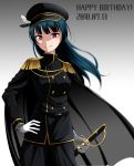  1girl 2018 belt black_cape black_feathers black_hat black_jacket black_pants blue_hair cape commentary_request cowboy_shot dated double-breasted epaulettes floating_hair gloves gold_trim gradient gradient_background hand_on_hip happy_birthday hat hat_feather highres holding holding_sword holding_weapon jacket long_hair looking_at_viewer loose_belt love_live! love_live!_sunshine!! makkuri_(mako2025) military military_uniform pants red_eyes sheath sheathed smile solo standing sword tsushima_yoshiko uniform weapon white_feathers white_gloves 