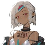  1girl altera_(fate) alternate_costume bangs bare_shoulders breasts character_name choker cleavage closed_mouth collarbone copyright_name dark_skin earrings fate/extella fate/extra fate/grand_order fate_(series) jewelry looking_at_viewer lowres red_eyes shenq short_hair small_breasts solo tan white_hair 