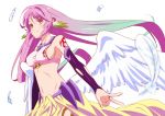  1girl angel_wings breasts bridal_gauntlets closed_mouth commentary_request crop_top feathered_wings feathers gradient_hair jibril_(no_game_no_life) large_breasts long_hair low_wings midriff multicolored multicolored_eyes multicolored_hair navel no_game_no_life ooya_kouji pink_hair sideboob smile solo tattoo v very_long_hair violet_eyes white_wings wing_ears wings yellow_eyes 